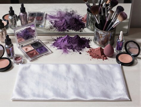 Makeup powders and brushes arranged on vanity table