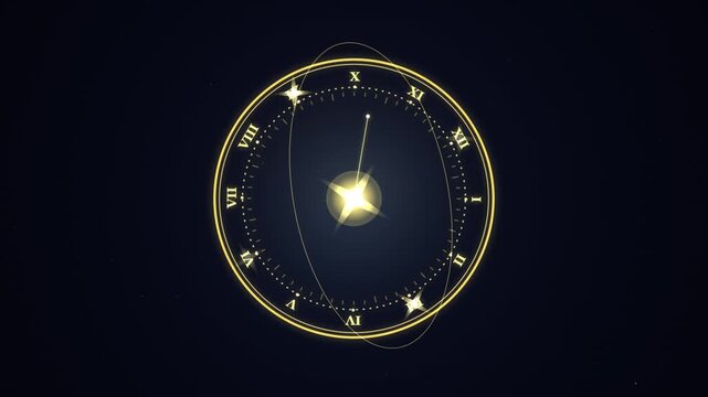 Glowing abstract golden circular clock face with roman numerals and rotating orbits in a cosmic style