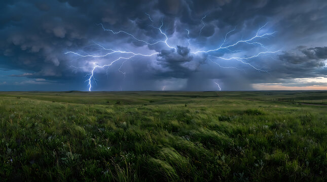 Multiple lightning strikes tear through stormy skies over windswept grassy plains during twilight.