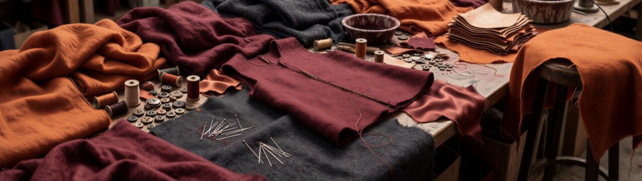 Textile pieces and sewing tools arranged on workshop table