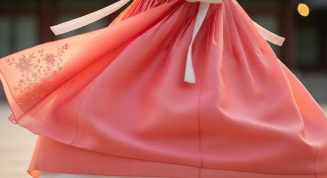 Close-up of a woman in a flowing pink Korean hanbok dress twirling gracefully.