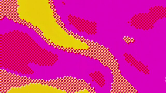 Abstract magenta and yellow pixelated glitch background with distortion and 8-bit digital corruption flickering on a seamless loop. Anchors Y2K retrofuturism and branding design for a VJ loop.