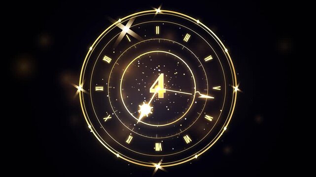 Golden countdown timer with roman numerals and glowing particles for new year celebration