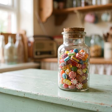 A vibrant assortment of colorful candies fills a clear glass jar, creating a delightful and tempting display on a rustic kitchen table, evoking sweet memories and a sense of joy