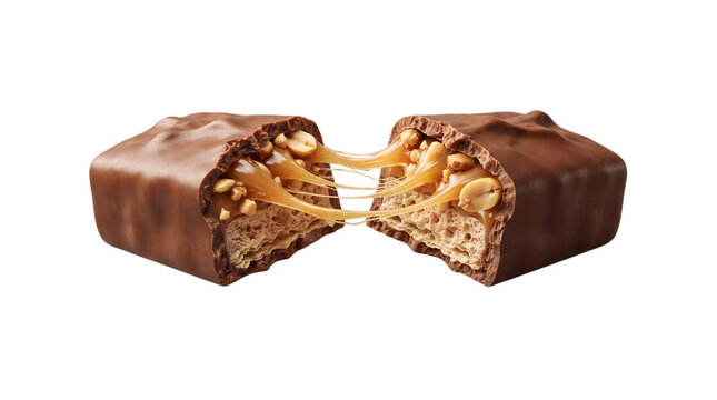 Delicious chocolate candy bar being broken in half revealing a gooey caramel and peanut center