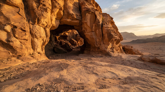 Natural rock archway in desert landscape with warm sunlight at sunset.