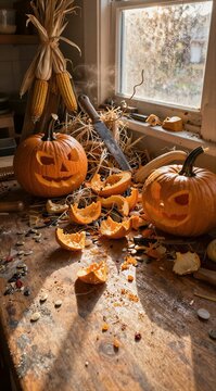Carved pumpkins scattered on rustic kitchen table near window