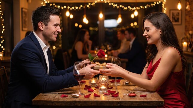 Romantic couple on a dinner date in a cozy restaurant, man giving a gift and red rose to a woman, elegant evening celebration with warm bokeh lights