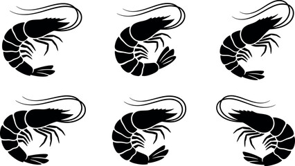Obraz premium Vector collection of stylized shrimp and prawn silhouettes featuring various seafood graphic icons isolated on white background