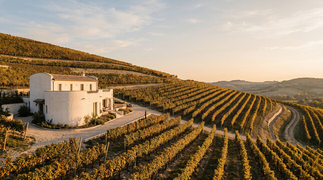 Curved white modern villa carved into hillside vineyard at golden hour, aerial drone view, luxury wine-country architecture background with sky copy space