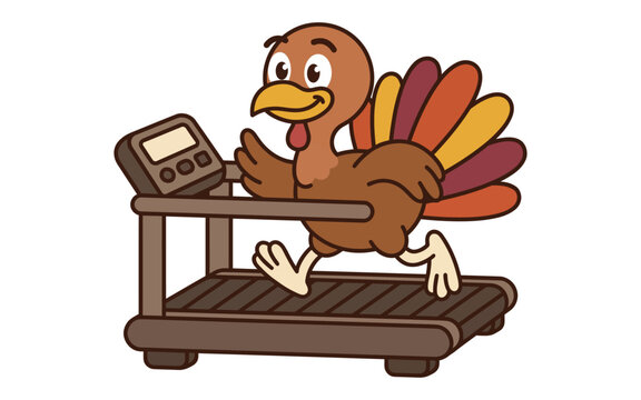 Funny cartoon turkey running on a treadmill for a healthy thanksgiving holiday concept