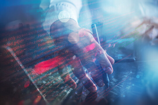 Software Engineering and Web Development Concept with Businessman Writing Code Overlay.
