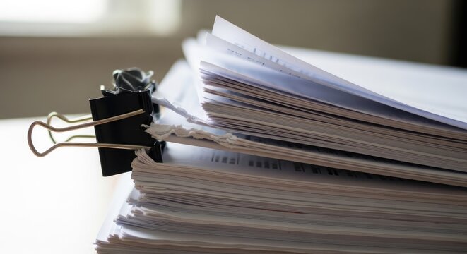 Stack of Papers Held Together by a Black Binder Clip on a Table.