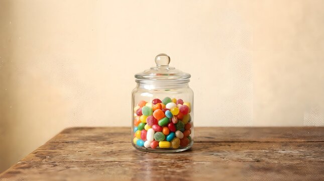 A delightful assortment of vibrant, colorful sweet treats in a classic glass jar, perfect for a sugary indulgence or a cheerful snack on a rustic wooden table