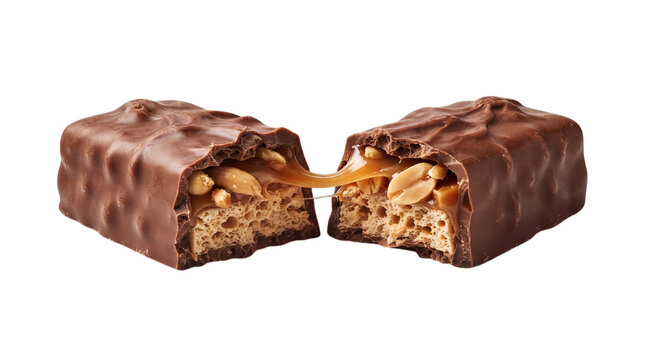 Broken chocolate caramel bar with peanuts revealing gooey center isolated on black