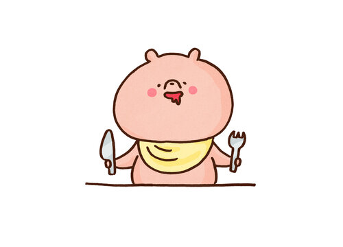 Bear holding a knife and fork while drooling, hungry as a bear idiom or very hungry concept