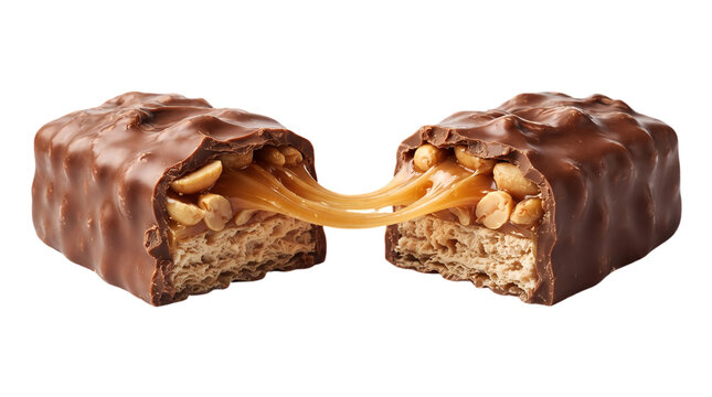 Broken chocolate candy bar with gooey caramel and crunchy peanuts stretching between pieces