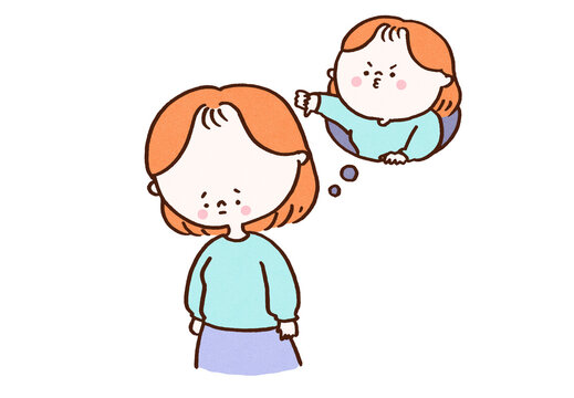Woman imagining giving a thumbs down to herself, low self-esteem or impostor syndrome mental health concept
