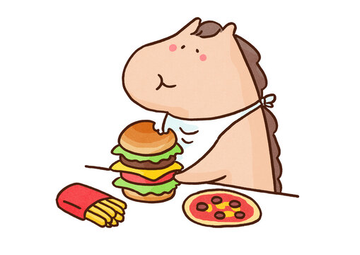 Gluttonous horse stuffing its mouth with junk food, eat like a horse idiom or huge appetite concept
