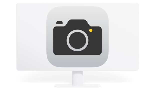 Apple photo logo concept displayed on desktop monitor for digital photography editorial.