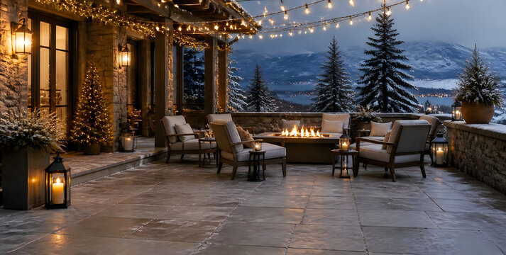 Cozy outdoor patio with fire pit and string lights at a mountain resort in winter