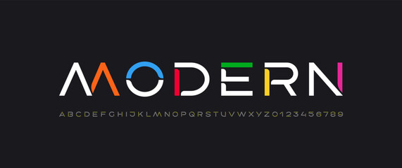 Trendy font, alphabet made colored style, letters A, B, C, D, E, F, G, H, I, J, K, L, M, N, O, P, Q, R, S, T, U, V, W, X, Y, Z and numerals 0, 1, 2, 3, 4, 5, 6, 7, 8, 9. © marooshka