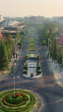 Aerial perspective along landscaped UGM Boulevard in Yogyakarta