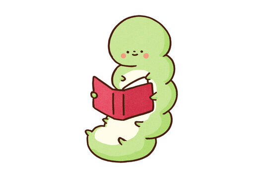 Cute caterpillar enjoying reading a book, bookworm idiom or avid reader concept
