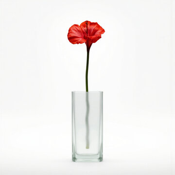 Minimal Canna Stem Vessel One canna lily (Canna indica) bloom in red, placed in a frosted glass rectangular vase with