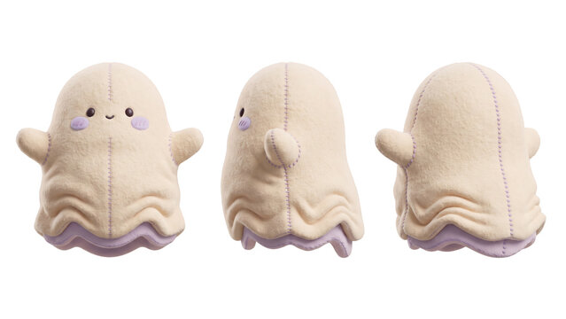 3D Ghost Plush Character Turnaround Sheet, Multi-Angle Halloween Toy Design Isolated on White Background
