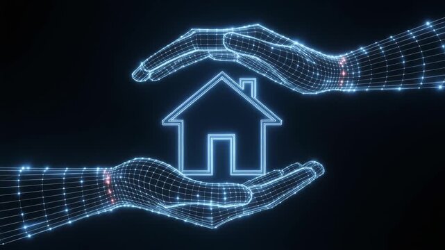 Digital house protection concept with wireframe hands holding a glowing home symbol