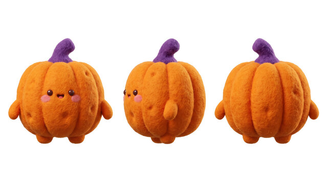 3D Squishy Pumpkin Character Turnaround Sheet, Multi-Angle Halloween Toy Design Isolated on White Background