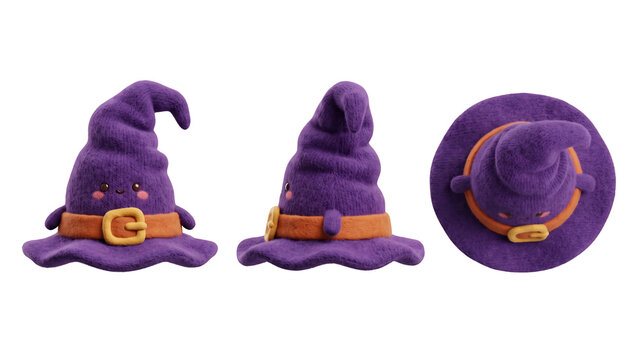 3D Squishy Witch Hat Character Turnaround Sheet, Multi-Angle Halloween Toy Design Isolated on White Background