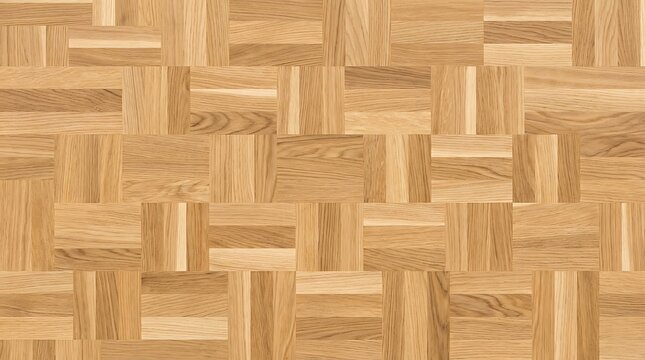 Polished oak wood parquet flooring featuring a geometric basket weave pattern with light brown natural grain textures captured in a high resolution architectural indoor photograph