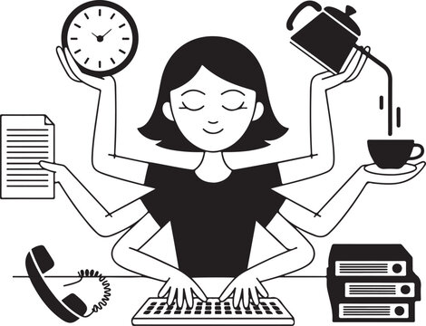 Silhouette icon depicting multitasking woman with office equipment