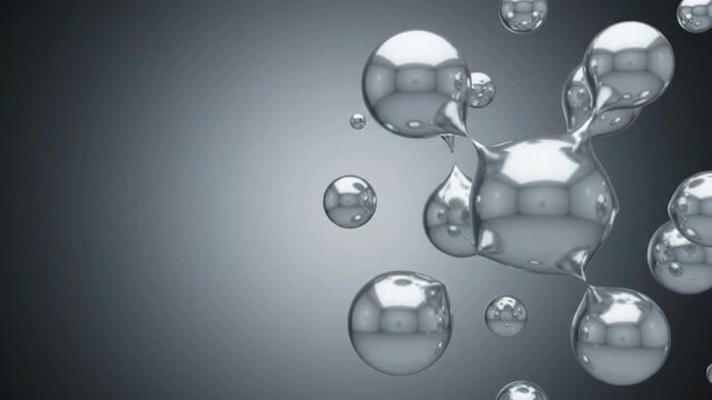 Abstract 3D Liquid Silver Chrome Metaballs Merging on Dark Gray Background with Copy Space
