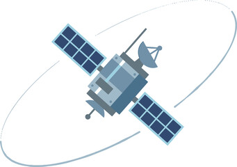 Flat design vector illustration of a satellite in orbit with solar panels and dish antenna, isolated on white. © sugeng prayitno