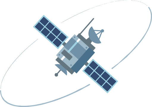 Flat design vector illustration of a satellite in orbit with solar panels and dish antenna, isolated on white.