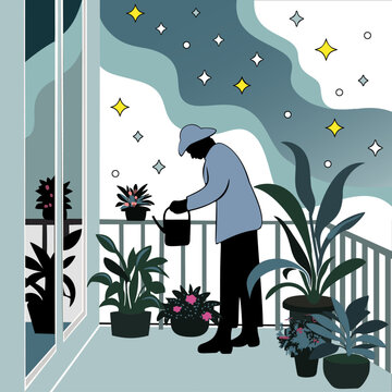 balcony garden with a starry sky