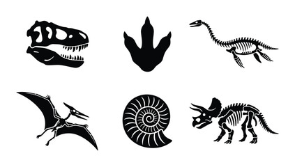 Dinosaur Silhouettes & Fossils, Prehistoric Icons Set, Ancient Reptile Vector Graphics © Tamim