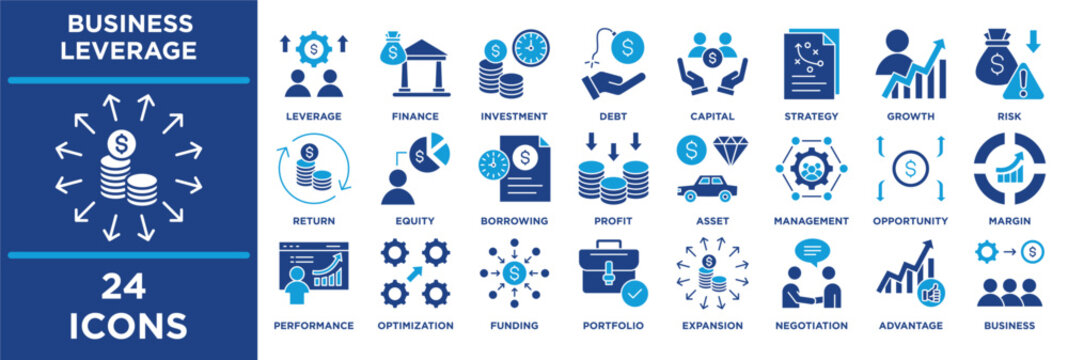 business Leverage glyph icon set featuring Investment, Scalability, Innovation, Influence, Capital, Negotiation, Efficiency and Collaboration. solid illustration.