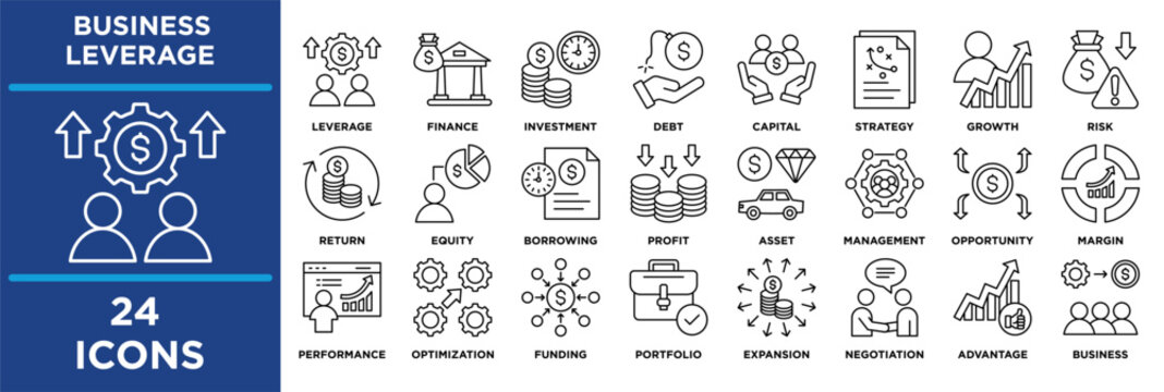 business Leverage icon set featuring Leverage, Strategy, Growth, Competitive, Advantage, Resource, Optimization and Partnership. line illustration.