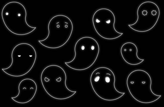Halloween hand-drawn ghost expression set (white neon line style): happy, angry, sad, joyful, etc