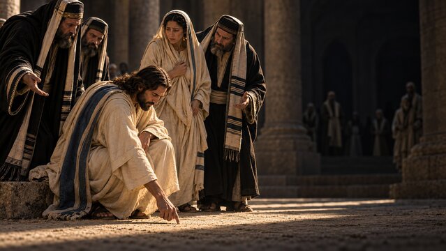 Jesus writes on the ground as an accused woman stands before him. Pharisees confront them in an ancient temple courtyard. Biblical lesson of mercy and forgiveness.