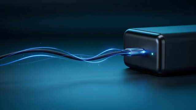 A black power bank with a single glowing blue charging cable connected, illustrating energy transfer and power supply in a dark environment