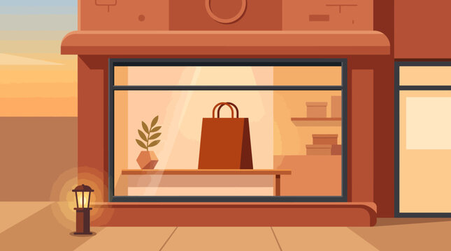 Black friday storefront window with shopping bag and plant in minimalist warm city street