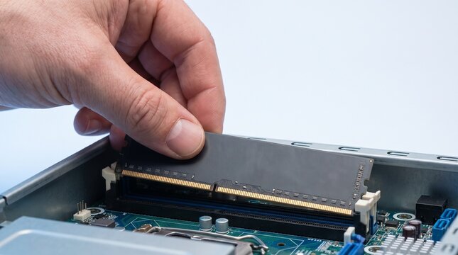 Technician Hand Installing DDR RAM Memory Module into PC Motherboard Slot