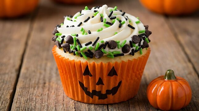 Delicious Halloween cupcake with whipped cream frosting, colorful sprinkles, and cute jack o