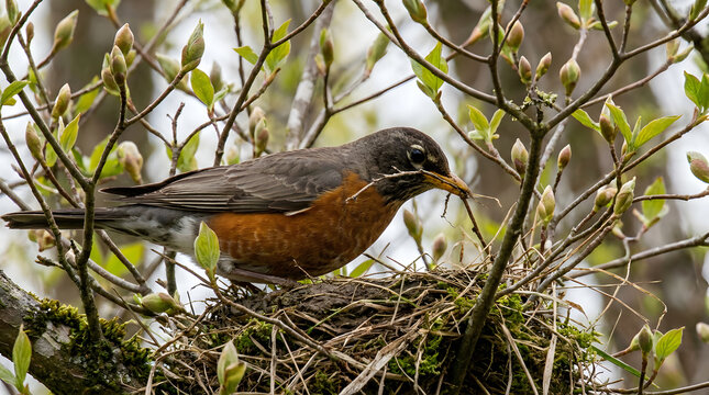 An American robin perched on a mossy nest with twigs building its home in a budding tree