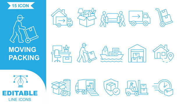 Moving Service line editable icon set. Contain icons relaed to Moving house services, packing, loaders, office moving, freight transportation, and more. Editable stroke. Vector illustration